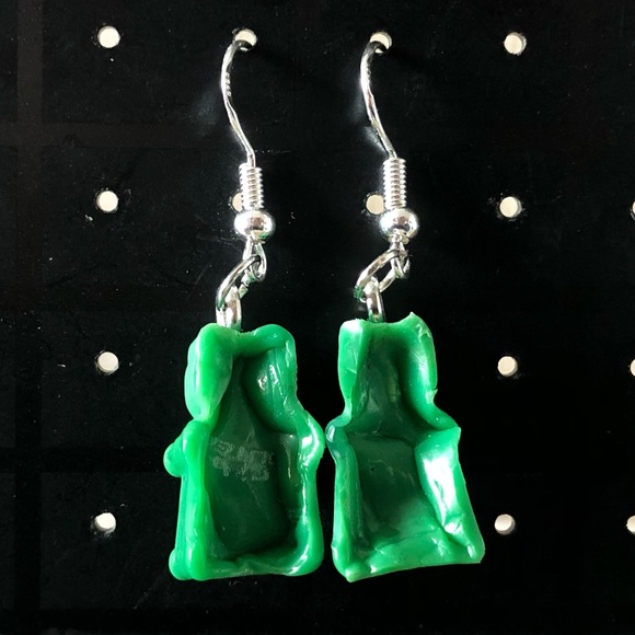Handmade Green Recycled Plastic Gummy Bear Earrings - Picture 2 of 4